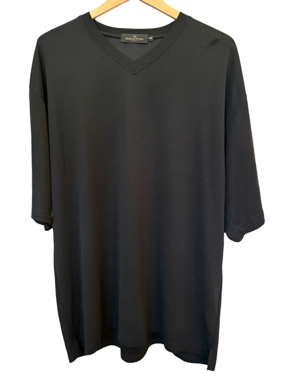 Bugatchi Uomo Black Textured Ribbed V-Neck Tee Modal Rayon Blend XXL